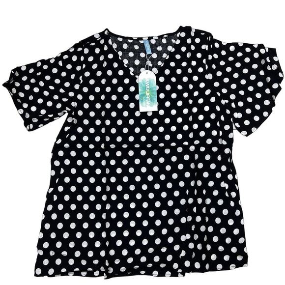 Women's Medium Black Polk Dot Short Sleeve V Neck Loose Chiffon Blouse Top - Picture 1 of 6